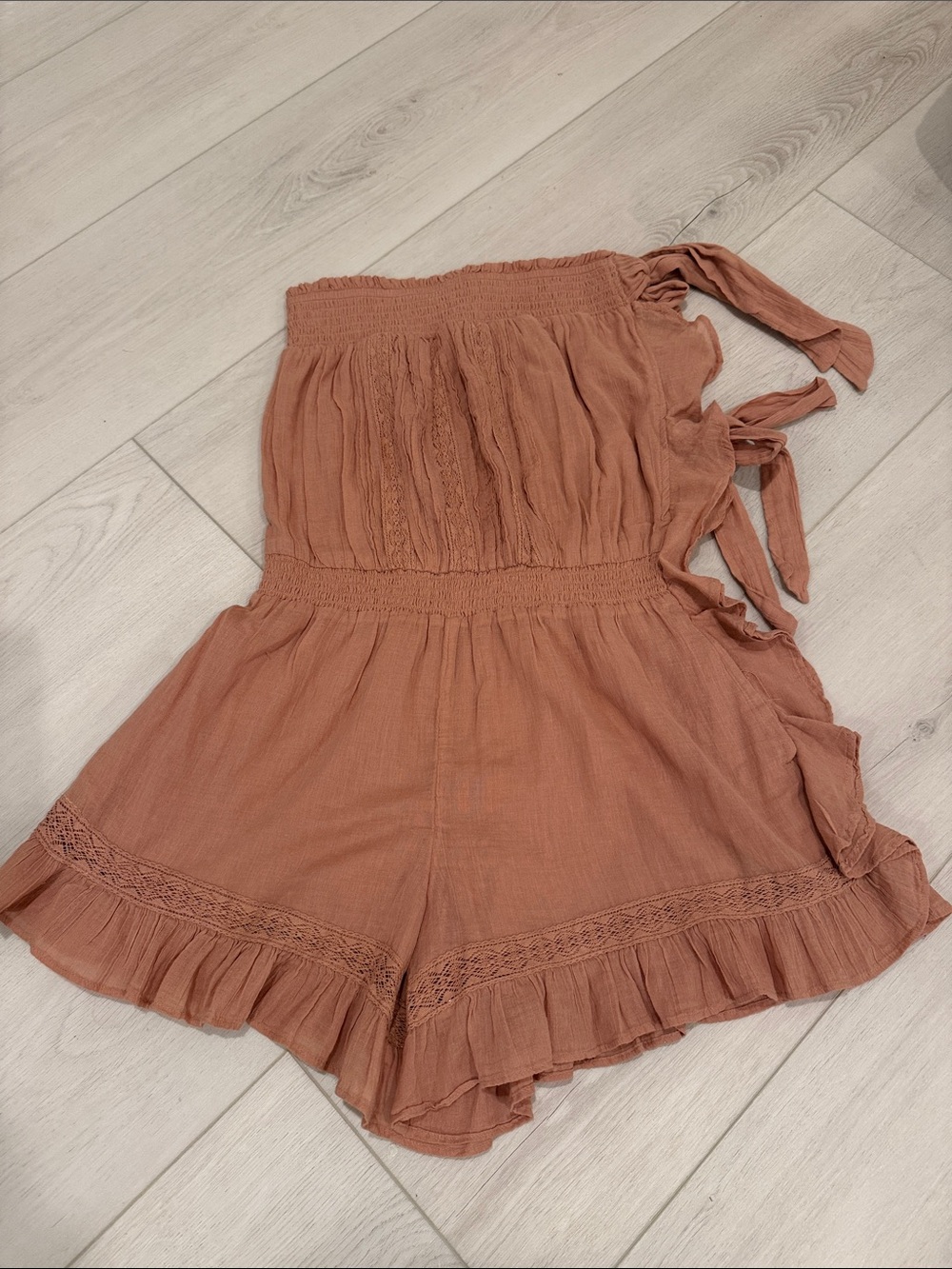 Free People Rusty Rose Smocked Ruffle Romper SZ S